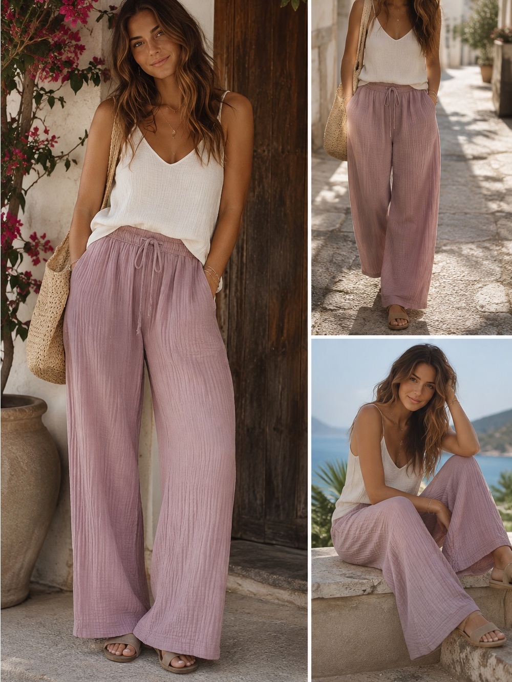 Tamara H Blush Pink Double Gauze Wide Leg Cotton Pants M